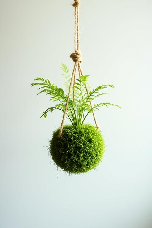 Kokedama di felce appeso al soffitto.