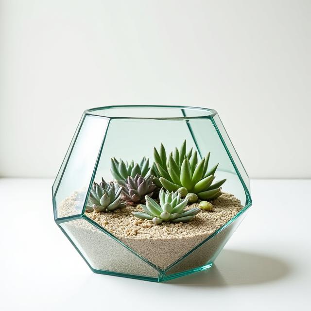 Terrarium geometrico in vetro con piante grasse.