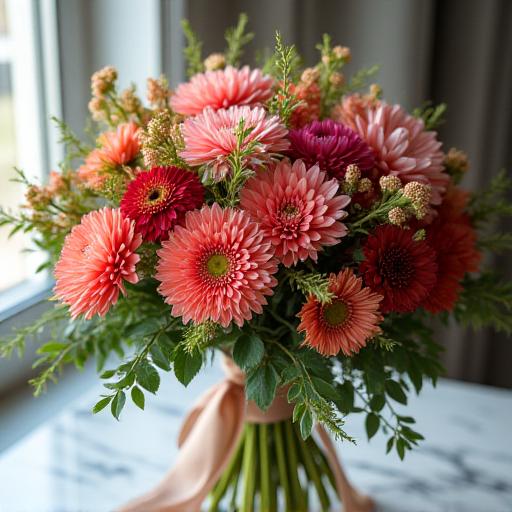 Dettaglio di un bouquet floreale artistico.